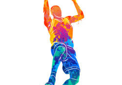 Abstract basketball player with ball from splash of watercolors. Vector illustration of paints.